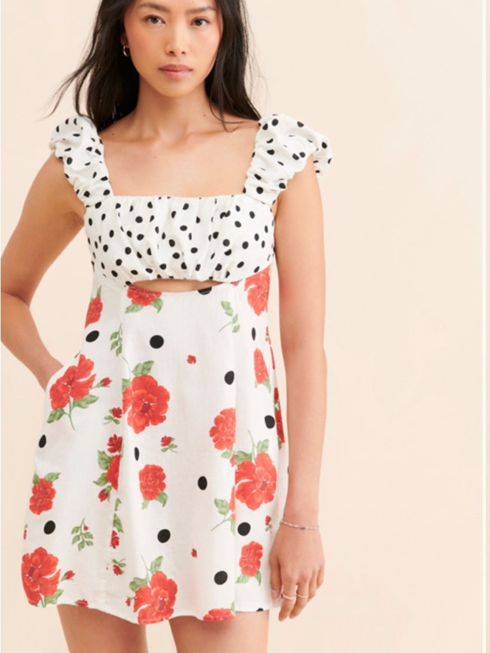 Free People White Mini Dress Red Floral & Black Polka Dot Print Women’s Medium